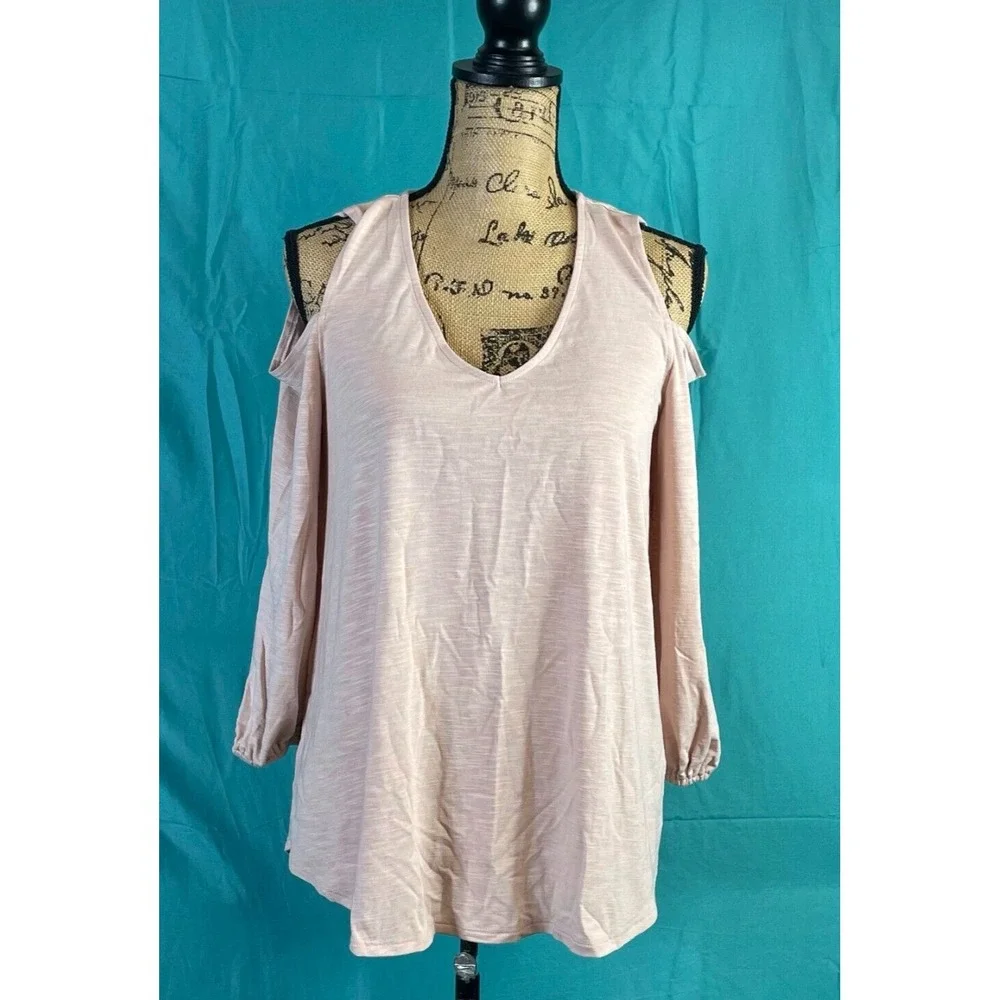 Jones New York Womens Blouse Pink Medium Cold Shoulder Long Sleeve Scoop Neck